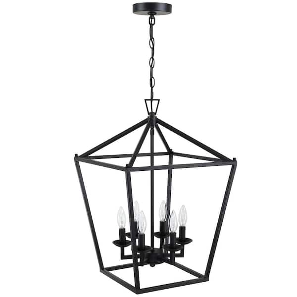 6-Light Matte Black Lantern Industrial Black Cage Farmhouse Chandelier