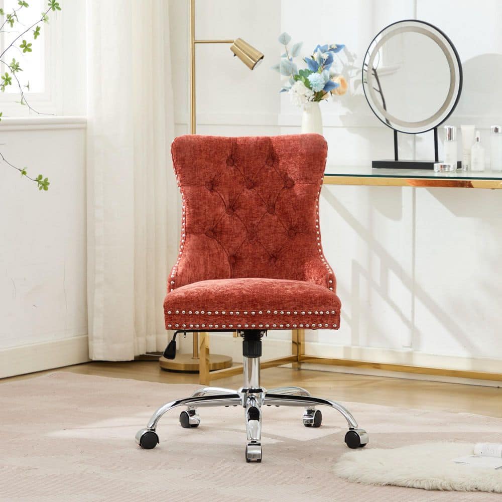 Fabric Adjustable Height Swivel Tufted Ergonomic Task Chair in Orange/Chrome with Wheels