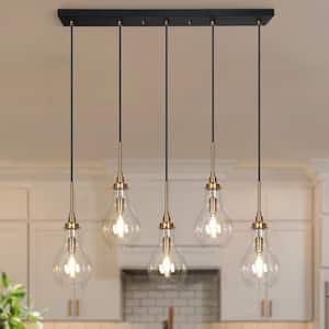 Transitional Kitchen Island Teardrop Chandelier 5-Light Black and Brass Dining Room Chandelier with Clear Glass Shades