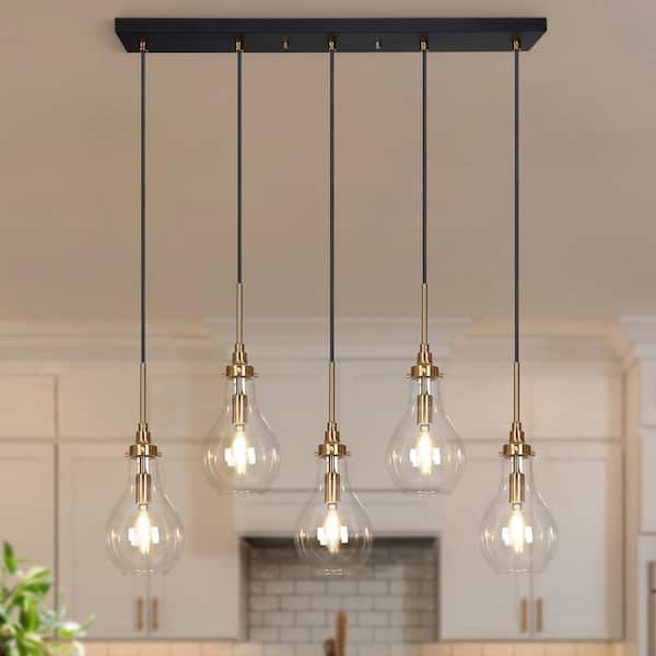 Uolfin Transitional Kitchen Island Teardrop Chandelier 5-Light Black and Brass Dining Room Chandelier with Clear Glass Shades