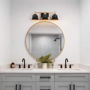 Modern 22 in. 3-Light Painted Black and Gold Bathroom Vanity Light with Bell Metal Shades for Powder Room