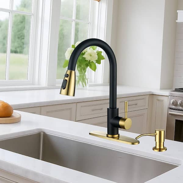 Single Handle Pull Down Sprayer Kitchen Faucet with 3-Function Sprayer and Soap Dispenser in Black and Gold