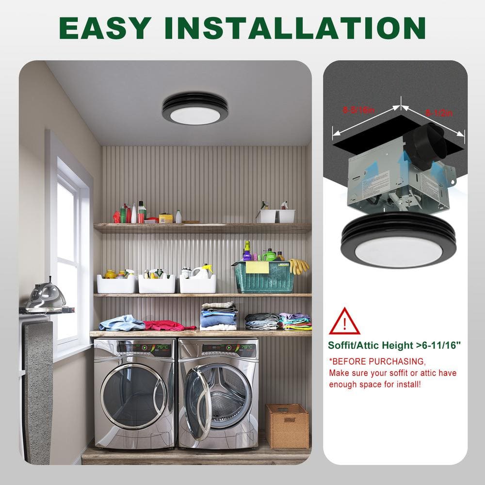 Matte Black Round Bathroom Exhaust Fan with Dimmable LED Light