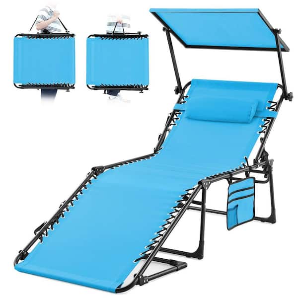 AFAIF 1- Piece Metal Foldable Outdoor Chaise Lounge Chair with Sunshade Canopy, 400lbs Support 5-Positon Adjustable-Blue