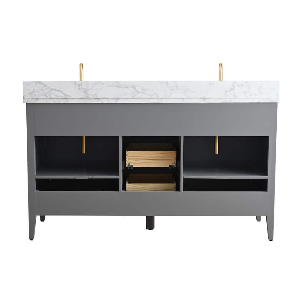 60" Cashmere Gray Double Sink Vanity with Gold Hardware and Marble Top