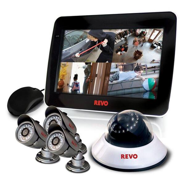 Revo 4 CH 1TB DVR4 Surveillance System with 10.5 in. Built-in Monitor and (4) 600 TVL 80 ft. Nightvision Cameras