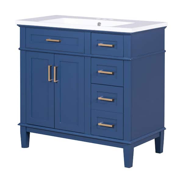 36 in. W x 18 in. D x 35 in. H Single Sink Bath Vanity in Blue with White Resin Top and 4-Drawers