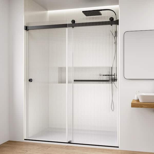 Fluted / Reeded Glass 72 in. W x 76 in. H Double Sliding Frameless Bath Shower Door in Matte Black