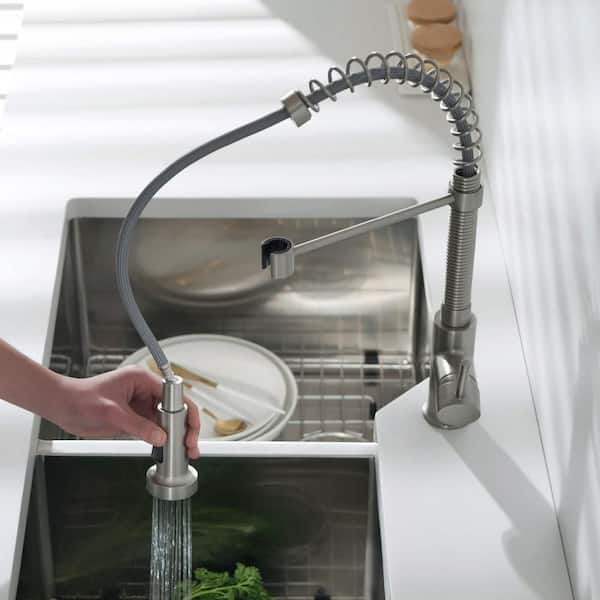 Casa Single Handle Pull Down Kitchen Sink 17in. Faucet with Soap Dispenser in Brushed Nickel