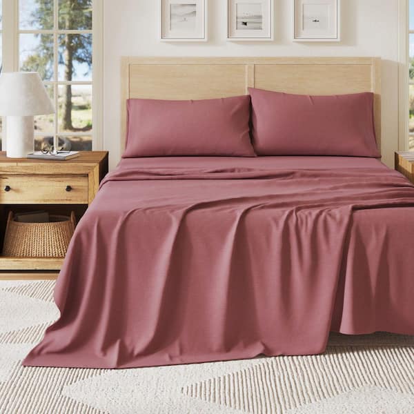 FRESHFOLDS Pink Ultra-Soft Cotton Heathered Melange Jersey Knit Queen Sheet Set