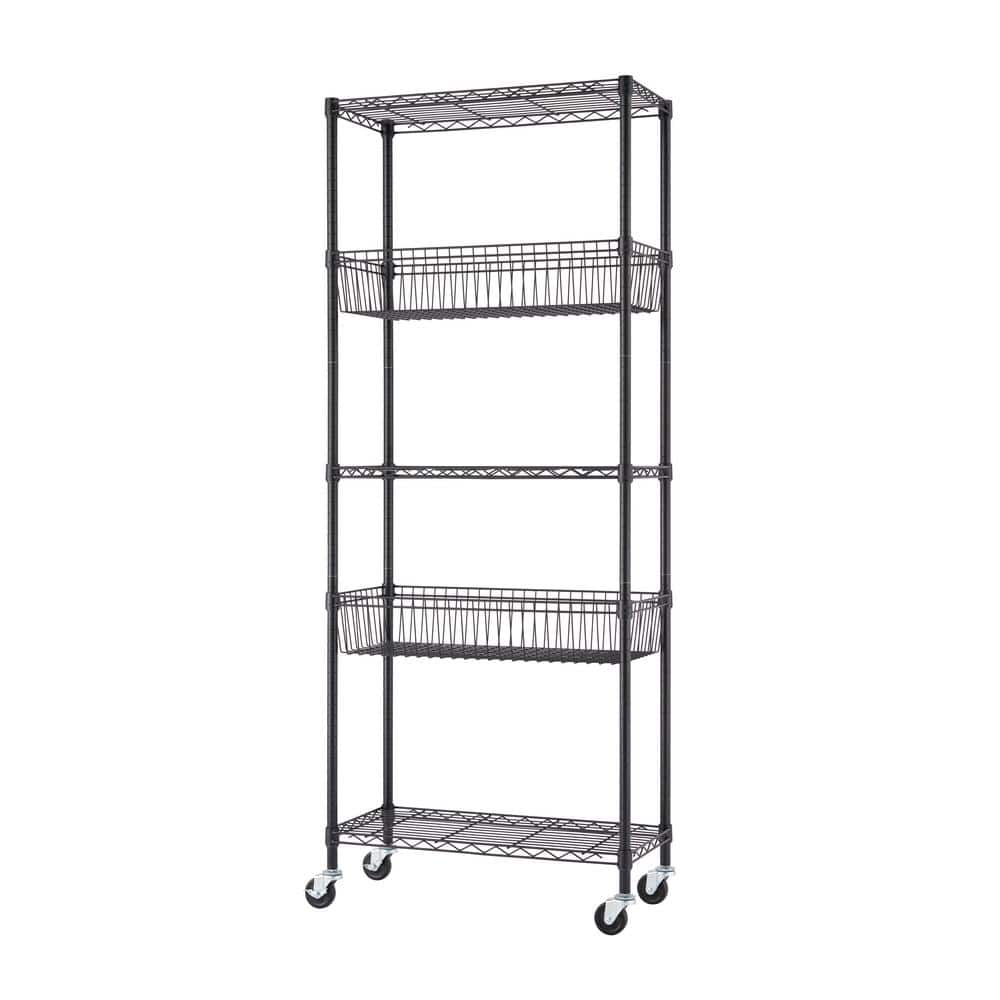 Black Powder-Coated Steel 5-Tier Wire Shelving Unit with Wheels