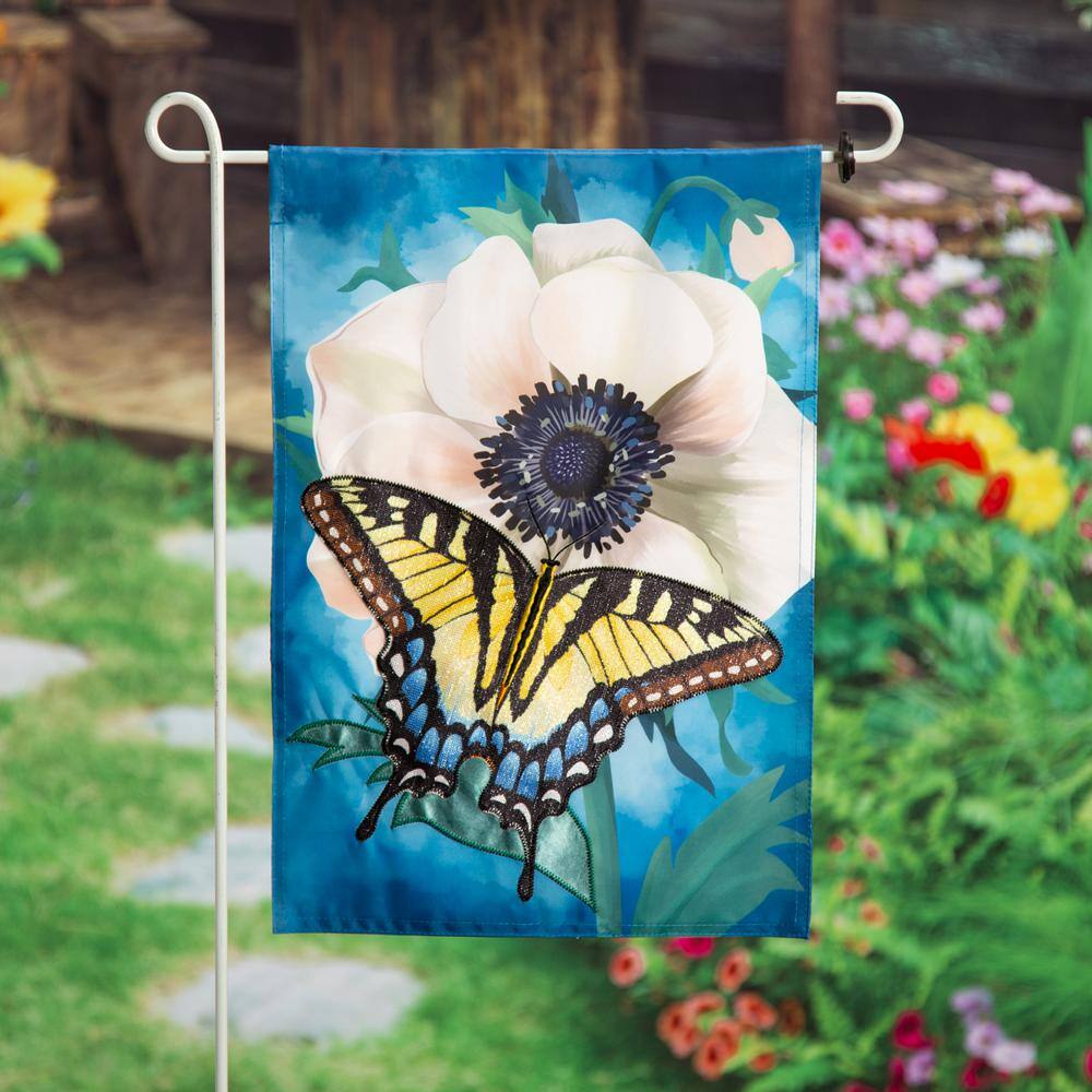 Blue Anemone and Butterfly Applique House Flag