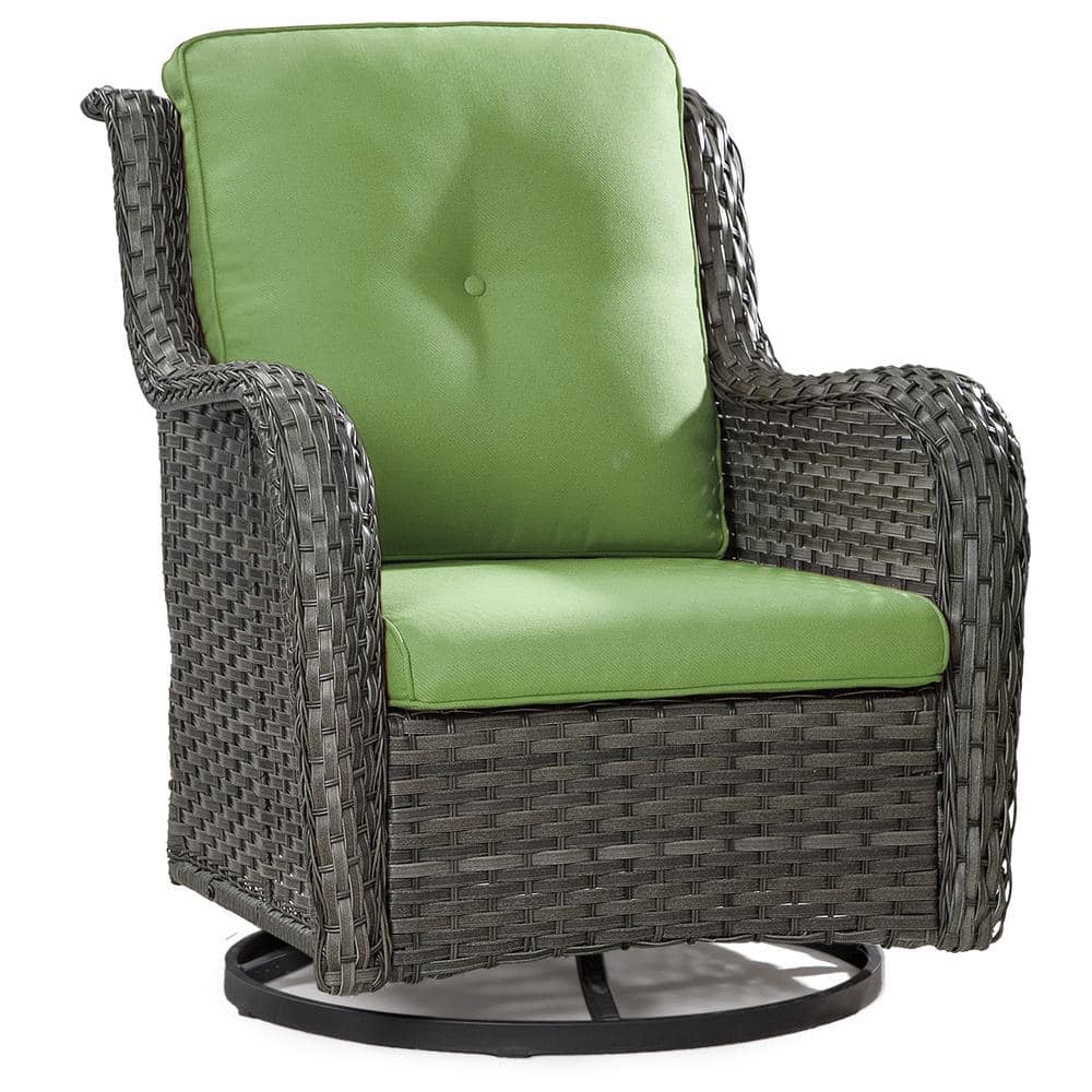 Green Quilted-Tufted Wicker Outdoor Swivel Dining Chair with Cushions