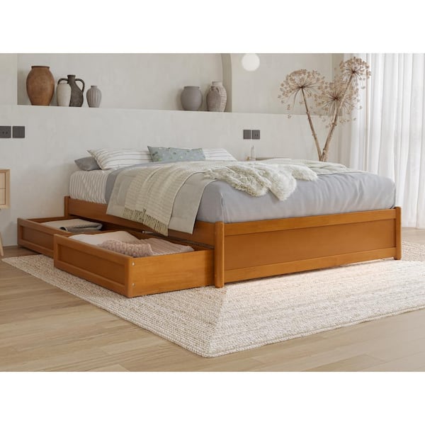 AFI Barcelona Light Toffee Natural Bronze Solid Wood Frame Full Panel Platform Bed with Storage Drawers