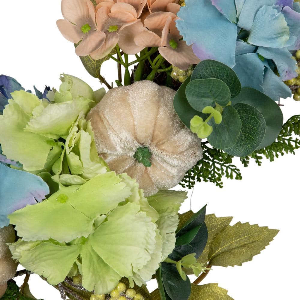 22" Green and Blue Floral and Gourds Thanksgiving Artificial Wreath