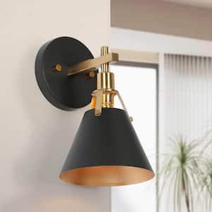 Classic 6 in. 1-Light Black Wall Sconce with Open Bell Metal Shade and Plated Brass Finish Vintage Bathroom Vanity Light