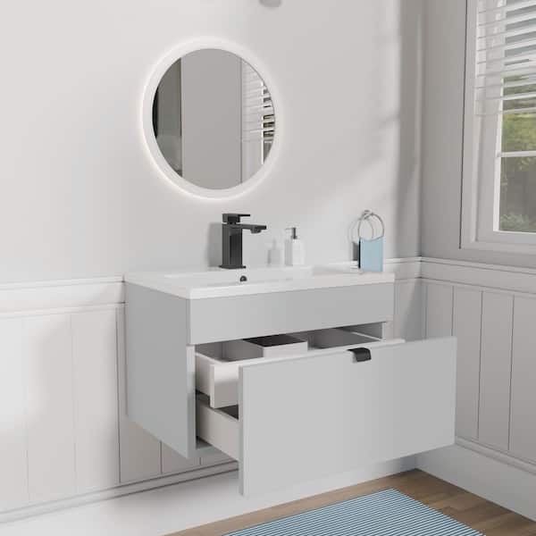 Loft 24 in. W x 16 in. D x 15 in. H Wall Mount Single Sink Bath Vanity in Canadian Gray with White Cultured Marble Top