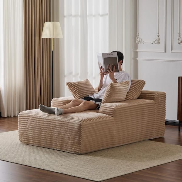 Beige Corduroy Fully Compressed Chaise Lounge Chair with 3 Throw Pillows and Wide Armrest