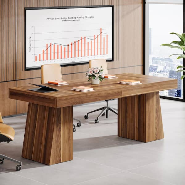 Moronia 55.1 in. Rectangle Brown Wood Desk with Thick Tabletop and Double Trapezoidal Legs, Wood Seminar Office Desk