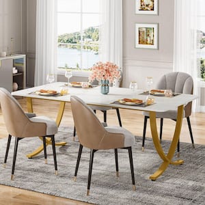 Capen 63'' Rectangle White Gold Wood Home Office Computer Desk Study Writing Table Farmhouse Workstation Thickened Frame