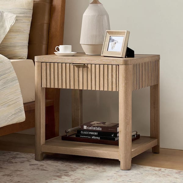 Yoshua 23.75 in. Natural Rectangle Wood End Table with Fluted Surface