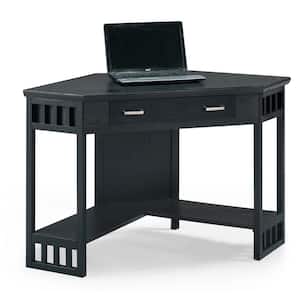 48 in.Corner Black Oak Writing Desk with Center Keyboard Drawer and Shelf