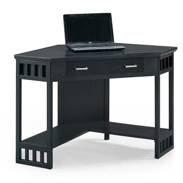 Leick Home 48 in.Corner Black Oak Writing Desk with Center Keyboard Drawer and Shelf