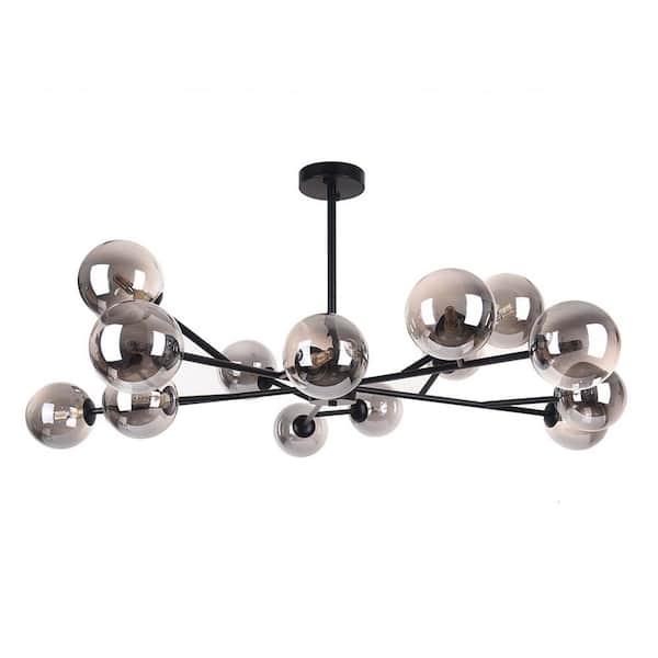 RRTYO 15-Light Farmhouse Black Sphere Linear Pendant Chandelier with Gray Glass Shade - The Home Depot