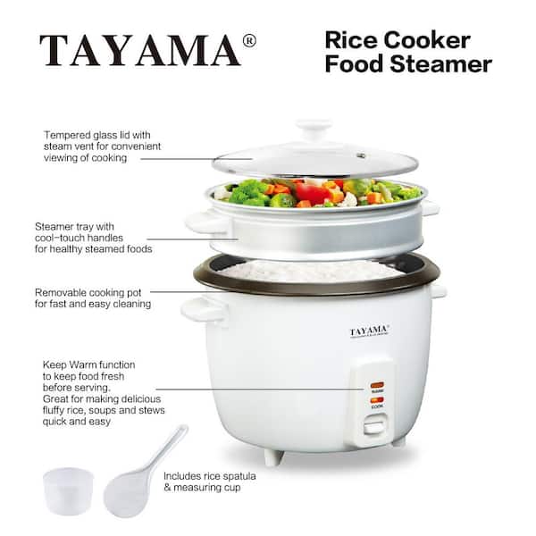 Tayama 16-Cup Rice Cooker with Steam Tray and Glass Lid in White RC-8R -  The Home Depot