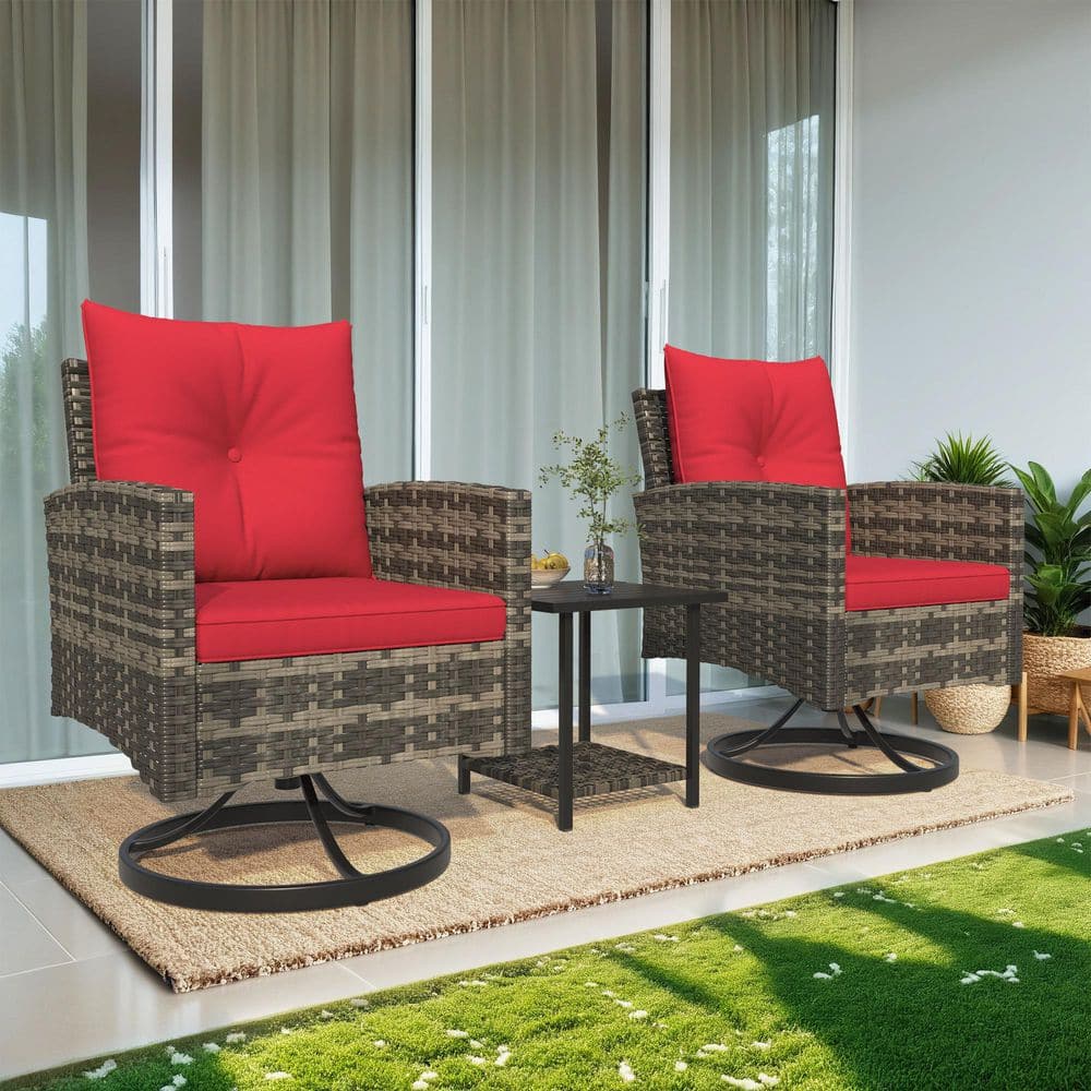3-Piece Patio 360° Swivel Rocker Chairs, All-Weather PE Wicker Outdoor Bis