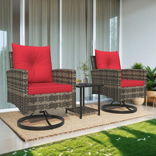 HOMMOW 3-Piece Patio 360° Swivel Rocker Chairs, All-Weather PE Wicker Outdoor Bistro Set with Red Cushions and 1-Coffee Table