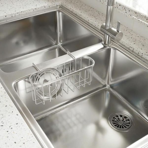 Sponge Holder Caddy for Double Bowl Kitchen Sinks in Silver, Rustproof Stainless Steel, Hanging, 1 Piece