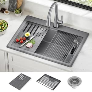 Everest Dark Grey Granite Composite 30 in. Single Bowl Drop-In Workstation Kitchen Sink with Accessories