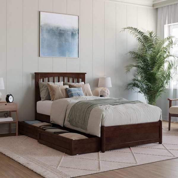 AFI Everett Walnut Brown Solid Wood Frame Twin XL Platform Bed with Panel Footboard and Storage Drawers