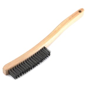 Carbon Steel Scratch Brush with Extended Wooden Handle, 3 x 19 Carbon Steel Bristle Rows