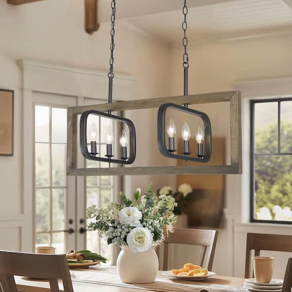 Modern Farmhouse 31 in. Black 6-Light Candlestick Chandelier with Rustic Wooden Cage Transitional Large Island Pendant