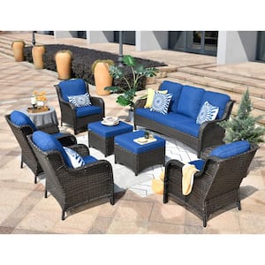 Erie Lake Brown 7-Piece Wicker Outdoor Patio Conversation Seating Sofa Set with Navy Blue Cushions