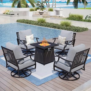 4 Seat 5-Piece Metal Steel Outdoor Patio Conversation Set with Gray Cushions, Swivel Chairs, Square Fire Pit Table