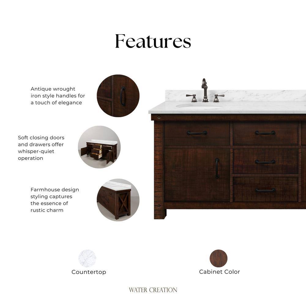 Aberdeen 72" Double Sink Rustic Sierra Vanity with Carrara White Marble Top
