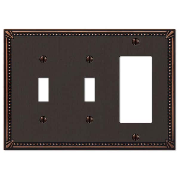 AMERELLE Imperial Bead 3 Gang 2-Toggle and 1-Rocker Metal Wall Plate - Aged Bronze
