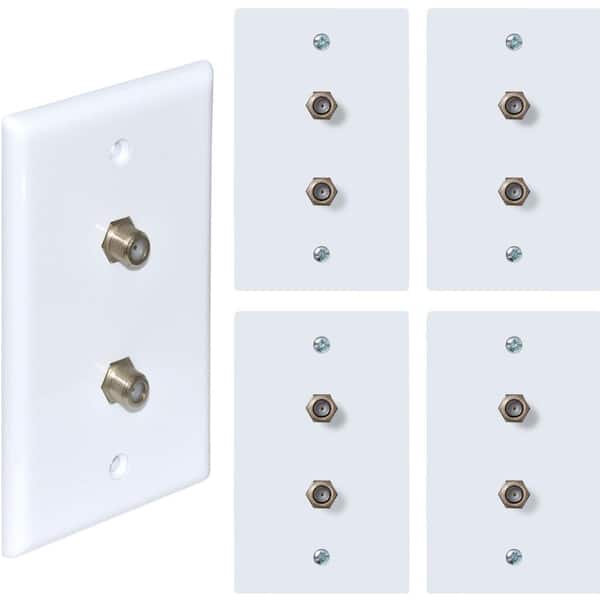 White 1-Gang Coaxial TV Cable Wall Plate, F Connector, for Coax Cable, Double Port Video Wall Jack (5-Pack)