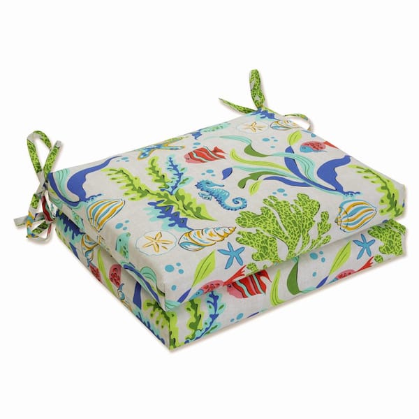 Pillow Perfect Tropical 18.5 in. x 16 in. Outdoor Dining Chair Cushion in Blue/Green/Multicolored (Set of 2)