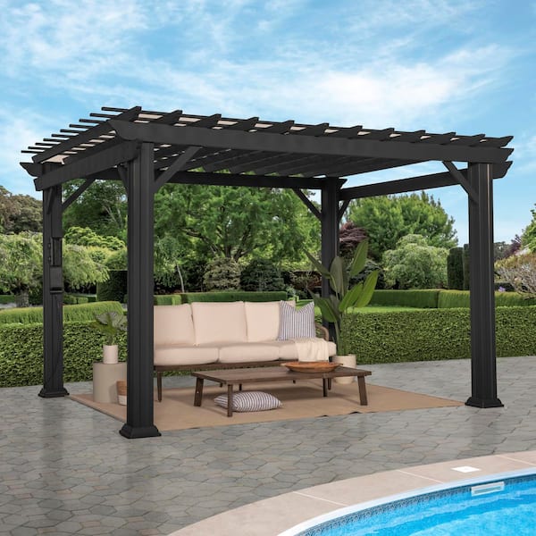 Stratford 12 ft. x 10 ft. Black Steel Traditional Pergola with Sail Shade Soft Canopy