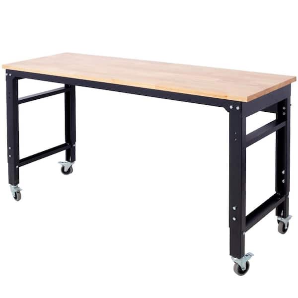 Black 60 in. W x 20 in. D Adjustable Height Workbench with Rubber Wood Top and Lockable Wheels, 2000 lbs. Capacity