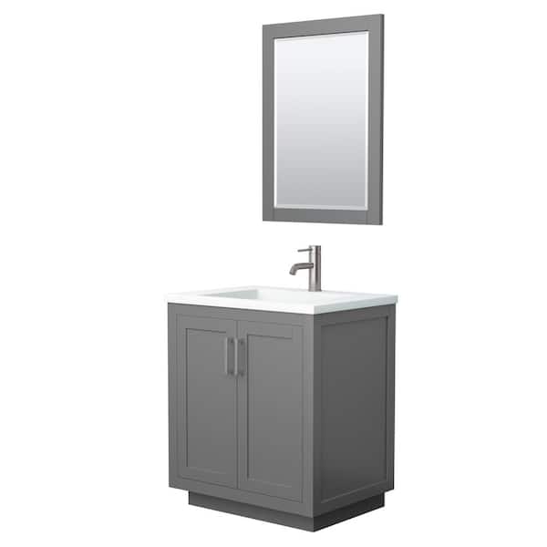 Wyndham Collection Miranda 30 in. W x 22 in. D x 34.25 in. H Single Bath Vanity in Dark Gray with Matte White Solid Surface Top and Mirror