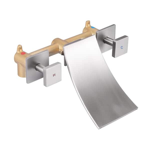 VEVETTA 2-Handle Wall-Mount Roman Tub Faucet Brass Waterfall Tub Filler with Rough-in Valve in Brushed Nickel