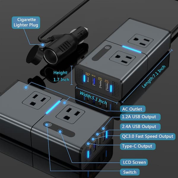 Lukyamzn 200-Watt Car Power Inverter w/ 4 USB Ports and AC Outlets, DC  12-Volt to 110-Volt Converter for Laptops, Phones, Tablets SA1127B369