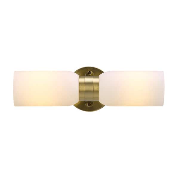 15 in. 2-Light Matte Brass Vanity Light with Frosted Glass Shades
