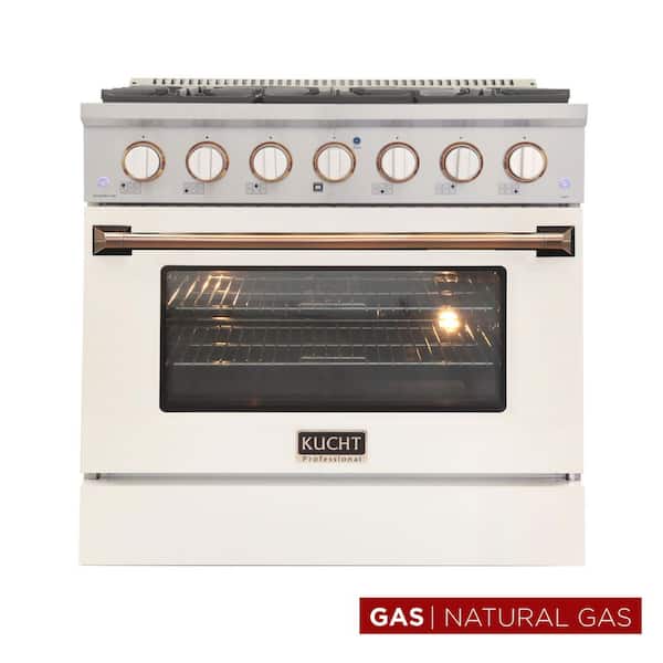 Custom KNG 36 in. 5.2 cu. ft. Natural Gas Range with Convection Oven in White with White Knobs and Gold Handle