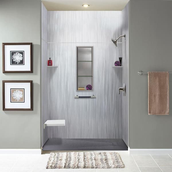 Lusso 60 in. x 36 in. x 96 in. 6-Piece Glue-Up Solid Surface Alcove Shower Wall Surround With Extension in Glacier Grey